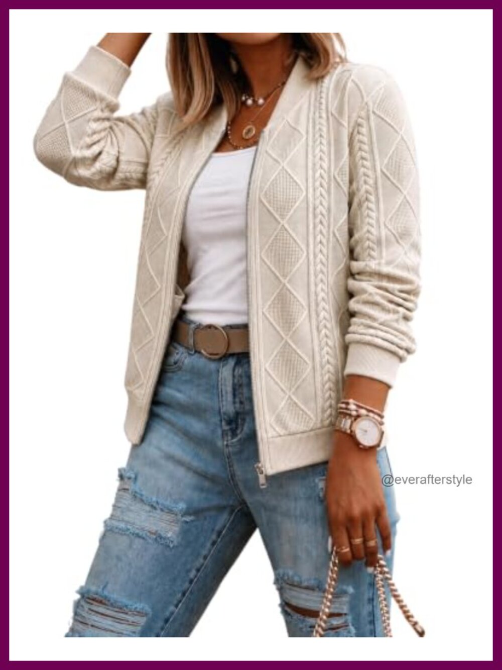 Cable Knit Zip Up Crop Jacket Stand Collar Argyle Casual Coat